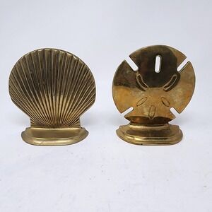 Vintage Brass Scallop & Sand Dollar Sea‎ Shells Book Ends MCM Nautical Beach